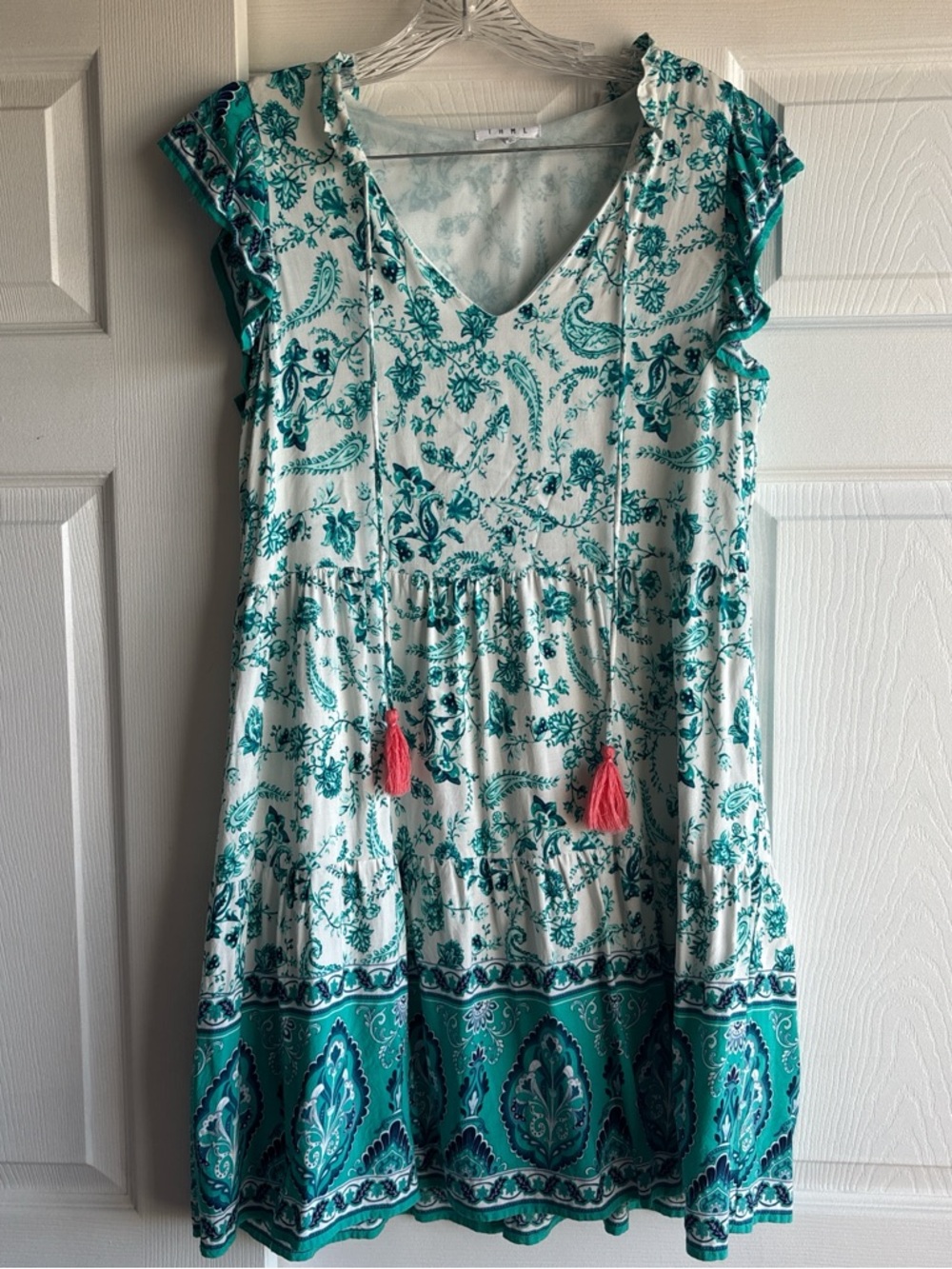 THML White Mini Dress with Teal Paisley Print and Coral Tassels